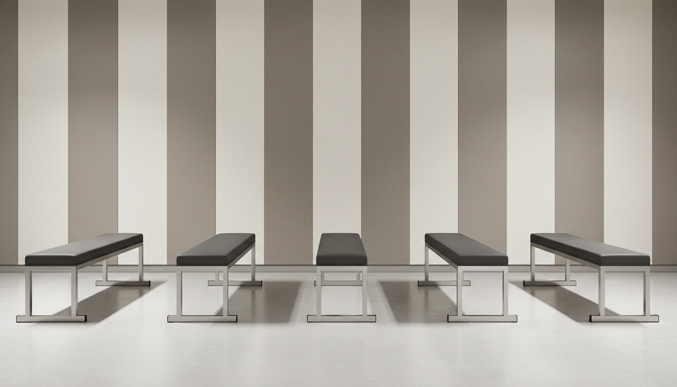 A row of modern, commercial-quality fitness benches with firm, charcoal-gray upholstery and brushed steel frames, perfectly parallel beneath a wall lined with vertical acoustic panels in muted taupe and ivory. Each bench sits equidistant atop a seamless, pale concrete floor, giving a sense of order and balance. Indirect soft studio lighting gently bathes the benches, creating precise shadow lines that echo the clean architectural details of the space. Shot from a wide, straight-on perspective with sharp focus throughout, the composition heightens the organized, professional atmosphere, presenting the setting as efficient, pristine, and ready for high-level personal training. The mood is calm and businesslike, enhanced by the understated, corporate-inspired, photographic realism.