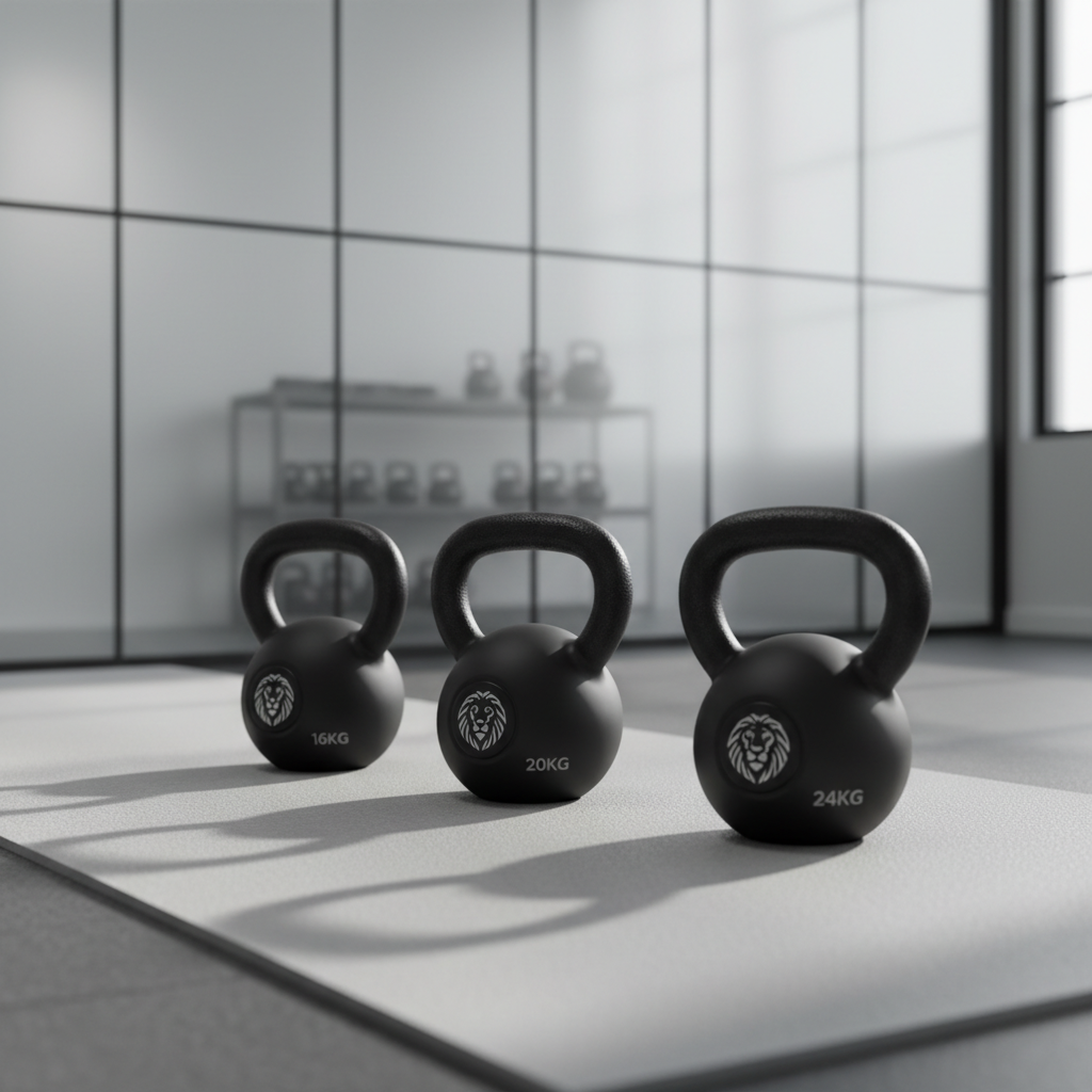 A set of matte black kettlebells, each with a smooth, powder-coated finish and embossed silver logo, arranged in precise alignment on an open, light-gray training platform. Behind them, a frosted glass partition divides the training area from a neatly organized equipment shelf. Bright, even natural daylight streams in from unseen high windows, illuminating the kettlebells and casting delicate, elongated shadows. The camera captures the scene at a low, eye-level angle, reinforcing a sense of groundedness and discipline. The composition uses rule of thirds to draw the eye through the order of the lineup, with every element exuding strength, professionalism, and structure within a clean, photographic, and minimalist frame that visually expresses preparation and focus.