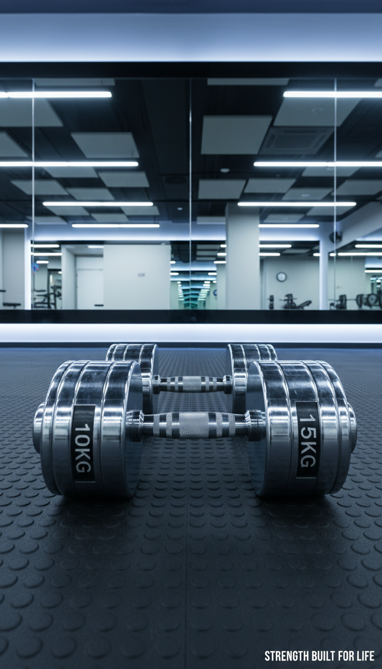 A set of sleek, heavy-duty chrome dumbbells with polished surfaces and engraved weight markings rests perfectly parallel on a spotless rubber gym flooring. The orderly arrangement is emphasized by the clean lines of a mirrored wall in the background, reflecting subtle geometric patterns from the modern fitness facility. Cool, diffused overhead LED lighting creates subtle highlights along the edges of the weights and gentle shadows underneath, giving a sense of structure and clarity. The scene is composed with a centered, slightly elevated angle to emphasize symmetry and order, echoing a disciplined, professional mood befitting a high-end personal training environment. The overall aesthetic aligns with photographic realism, neutral tones, and clean, corporate minimalism, perfectly supporting the ethos of strength built for life.